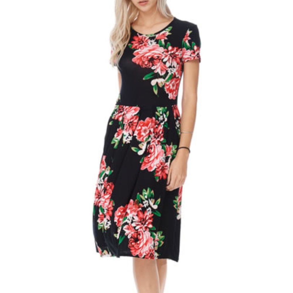 Short Sleeves Floral Midi Dress With Pockets